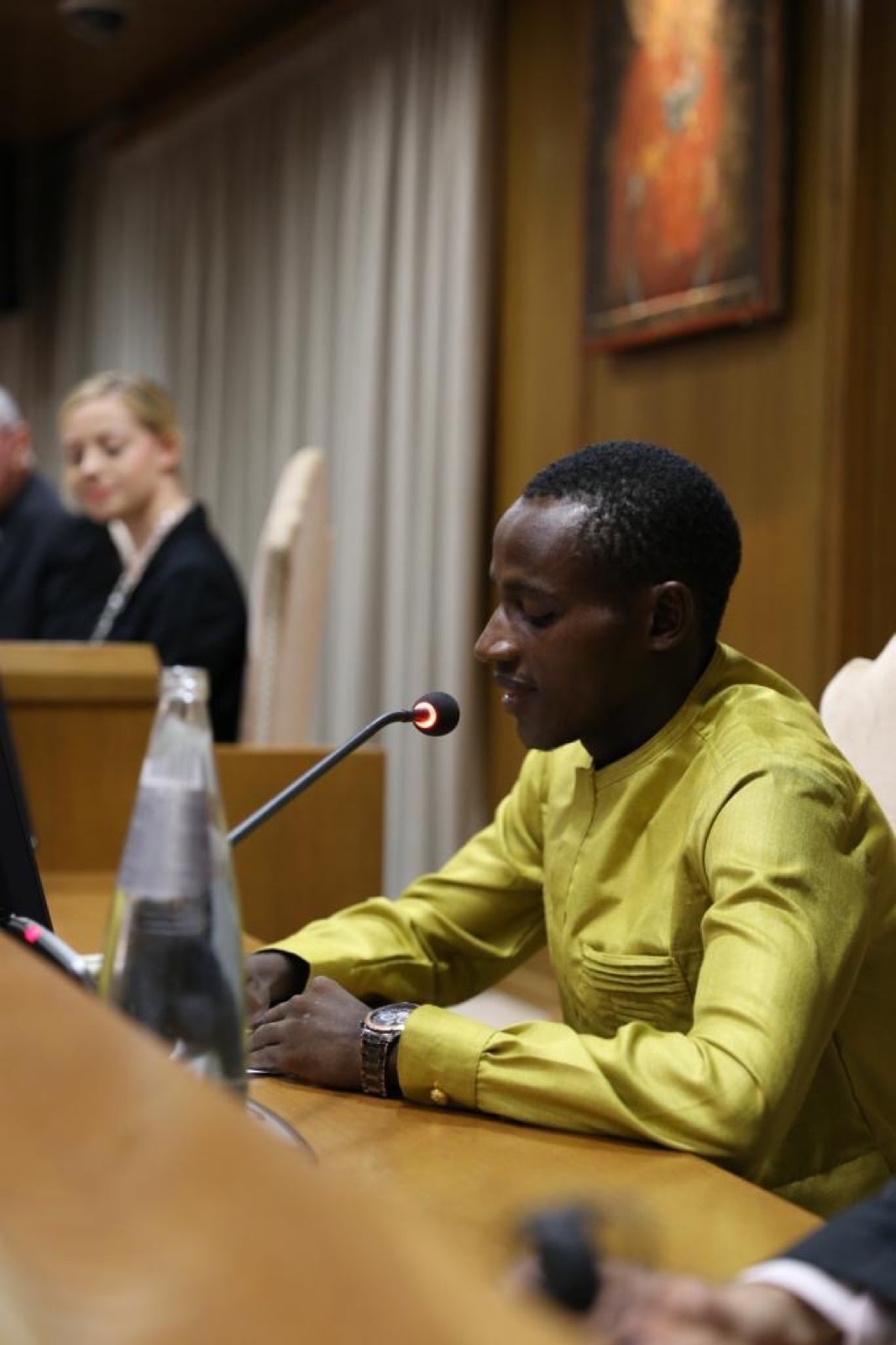 Arouna Kandé speaking at the global premiere of The Letter at the Vatican, October 2022.